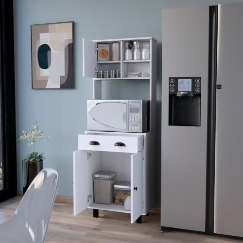 66" Tall Kitchen Pantry Cabinet with Storage,Wooden Cupboard Credenza Bufffet Cabinet with Open Shelves,Microwave Stand,4 Doors and Drawer,for Living Room,Dining Room,White