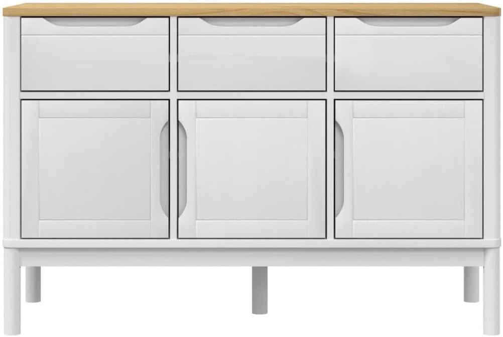 White Solid Pine Wood Sideboard with Drawers and Doors, Modern Engineered Wood Medium Storage Cabinet for Dining Room Living Room Hallway, Spacious Design and Durable