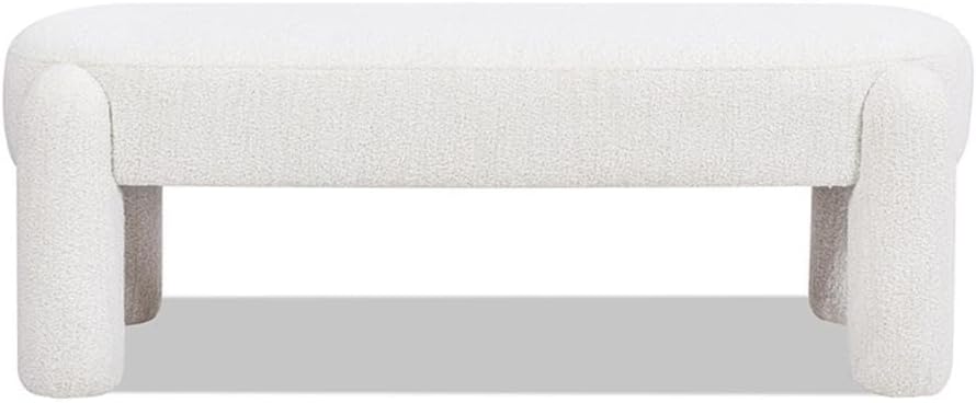 Pemberly Row 49" Oval Fully Upholstered Bench, Milk Cream White Boucle, Eucalyptus Wood Frame, Contemporary Rounded Dowel Legs, Textured Seat for Living Room, Bedroom, or Kids Room