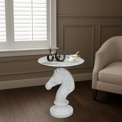 Horse Head Accent Table with Faux Marble Top, Modern Animal Sculpture End Table, Resin Decorative Side Table for Living Room Bedroom Office, Luxury White Statement Furniture