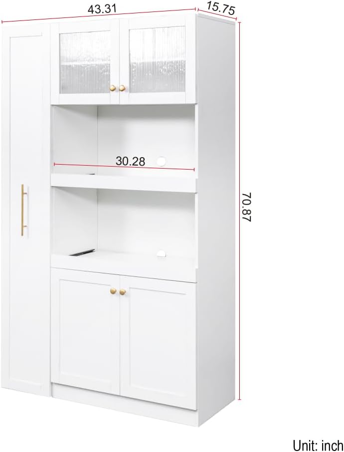 Kitchen Pantry Cabinet with Pull-Out Storage, White, Particle Board, MDF, 43.3x15.8x70.9 Inch, 4 Doors, Multi-Tier Shelves, Farmhouse Style, Kitchen Storage Organizer
