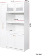Kitchen Pantry Cabinet with Pull-Out Storage, White, Particle Board, MDF, 43.3x15.8x70.9 Inch, 4 Doors, Multi-Tier Shelves, Farmhouse Style, Kitchen Storage Organizer