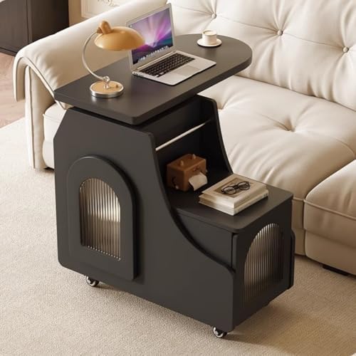 Mobile Side Table with Storage, Sofa End Table with Rotating Top, Glass Door Cabinet on Wheels for Bedrooms, Living Rooms(Black,27.6 x 11.8 in)
