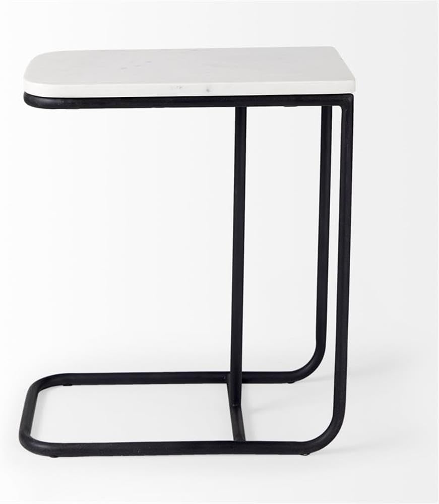 Pemberly Row C-Shaped Side Table, White Marble Top, Matte Black Iron Frame, Minimalist Modern Style, Living Room Accent Table