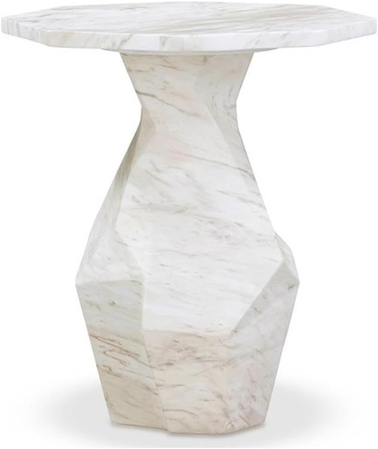 Pemberly Row Contemporary Round Side Table, White Faux Marble Top, 19.8" W x 21.5" D x 30" H, Solid Oak Wood Reversed Tapered Legs, Bold Indoor or Outdoor Accent Table