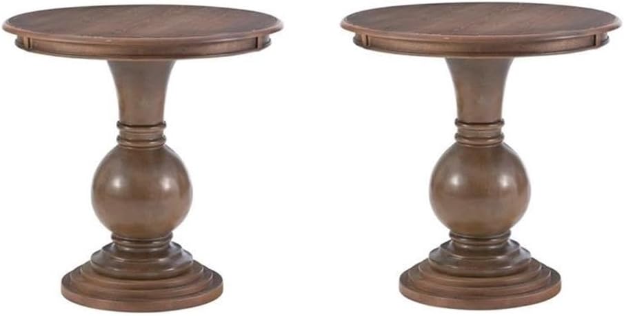 BOWERY HILL Set of 2 Round Wood Accent Pedestal Base Tables in Rustic Natural