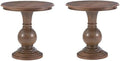 BOWERY HILL Set of 2 Round Wood Accent Pedestal Base Tables in Rustic Natural