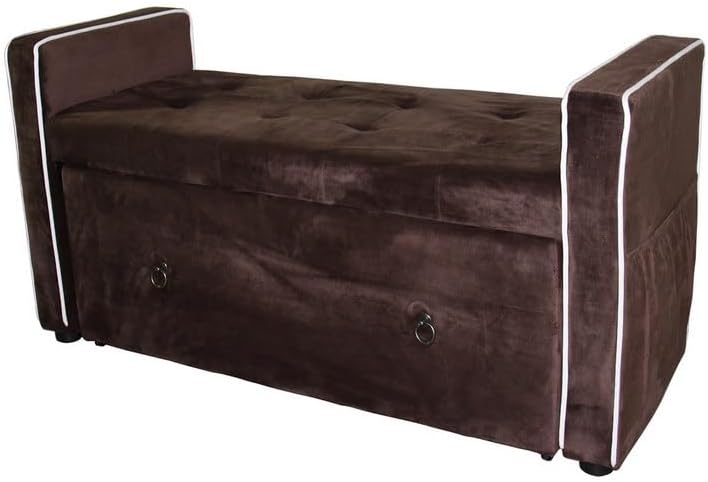 Velvet Storage Bench with Drawer, Brown Tufted Upholstered Ottoman | Divided Compartments, Pull-Out Drawer, White Piping Trim, Armrest Design, Bedroom Seating