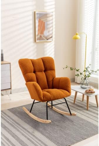 Rocking Chair, Upholstered Teddy Fabric Glider Chair with Thick Cushion, Lounge Accent Armchair with High Backrest, Accent Rocking Chairs for Living Room, Bedroom, Orange