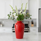 Red Ceramic Vase for Home Decor - 11 Inch Tall Modern Decorative Vase for Centerpieces, Boho Flower Vase for Pampas Grass, Christmas, Living Room, Kitchen, Fireplace, Entryway, Shelf Decor