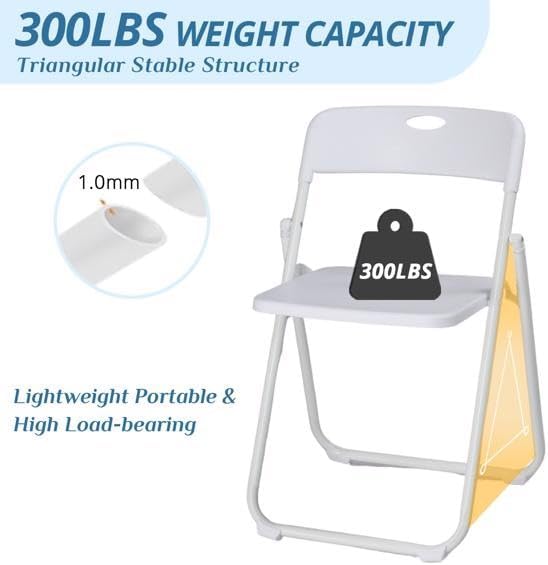 White Plastic Folding Chairs with Metal Frame, 280 lbs Capacity | Foldable and Stackable, Indoor Outdoor Events, 6 Pack