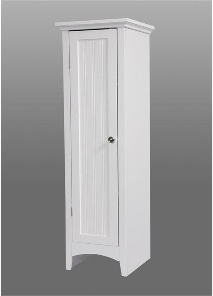 Pemberly Row 48" Tall 1-Door Kitchen Storage Pantry, Wood Construction, White Finish, 15" W x 15" D, Adjustable Shelves, Compact Design, Raised Panel Door, Brushed Aluminum Hardware