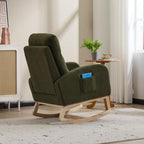 Green Upholstered Teddy Glider Rocker, High Back Armchair with Side Pocket and Solid Wood Legs, Modern Nursery Rocking Chair for Living Room Bedroom Office