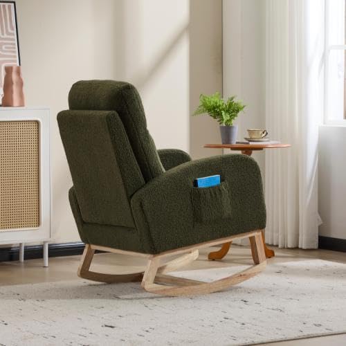 Green Upholstered Teddy Glider Rocker, High Back Armchair with Side Pocket and Solid Wood Legs, Modern Nursery Rocking Chair for Living Room Bedroom Office