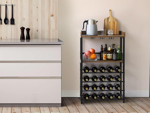 KATHY&BOB Morden Wood Wine Rack Freestanding Floor, 5-Tier Wine Storage Shelf with Wobble-Free Countertop, 20-Bottle Stackable Wine Glass Holder Rack for Home Bar Kitchen Dining Room (Wine Rack)