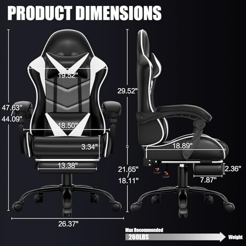Czlolo Gaming Chair with Footrest, Lumbar Support Massager Video Game Chair with Metal Legs, High Back Reclining Gamer Chair with Headrest, 360° Swivel Office Computer Desk Chair (Snow White)