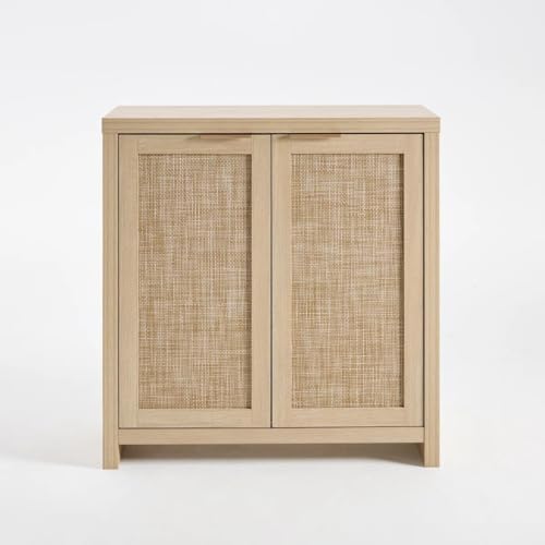 OAKHAM HOME Rattan Sideboard Buffet Cabinet with Storage, Boho Farmhouse Credenza with Adjustable Shelves, Decorative Coffee Bar Cabinet for Kitchen, Living Room & Entryway Organization, Light Oak