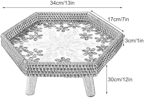 Hand Woven Rattan Serving Tray Table with Wooden Legs, Stylish Low Table for Living Room & Bedroom, Tea Time, 66lbs Capacity, Blue, 34x30cm (13x12in)