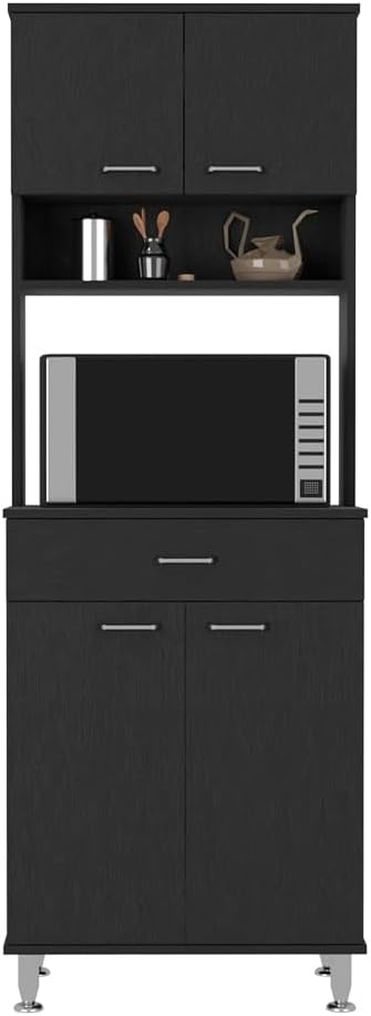 Black 67" H Pantry Cabinet, 4 Doors, 1 Drawer, Microwave Storage & 5 Shelves