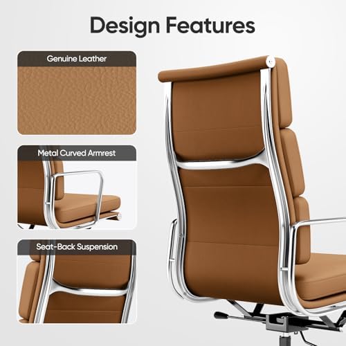 Genuine Leather Office Chair, Padded Executive Desk Chair with Arms, Wheels, Lumbar Support, Aluminum Base (Light Brown, High-Back)