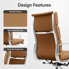 Genuine Leather Office Chair, Padded Executive Desk Chair with Arms, Wheels, Lumbar Support, Aluminum Base (Light Brown, High-Back)