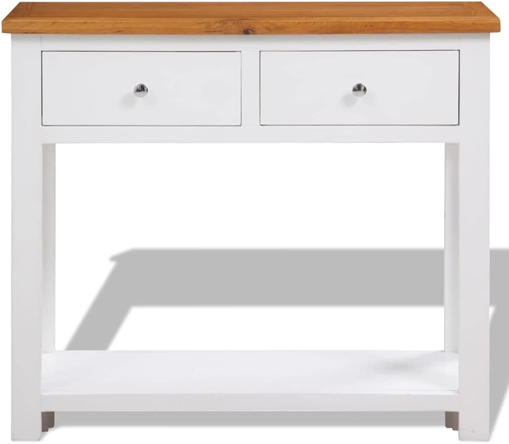 Rustic Small Console Table with Drawers 32.7x11.8x28.7 Inch Solid Oak Wood Entryway Table, Modern Country Style with Shelf and Metal Knobs for Living Room Hallway