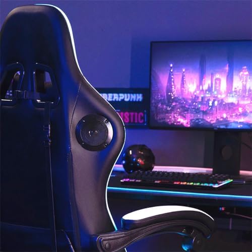 HOFFREE Gaming Chair Massage with Bluetooth Speakers and Led Lights Ergonomic Computer Gaming Chair with Footrest RGB Video Game Chair with High Back Lumbar Support White and Black