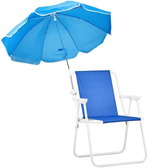 Kids Outdoor Folding Beach Chair Set with Parasol, Blue, Suitable for Camping, Lawn, Concert