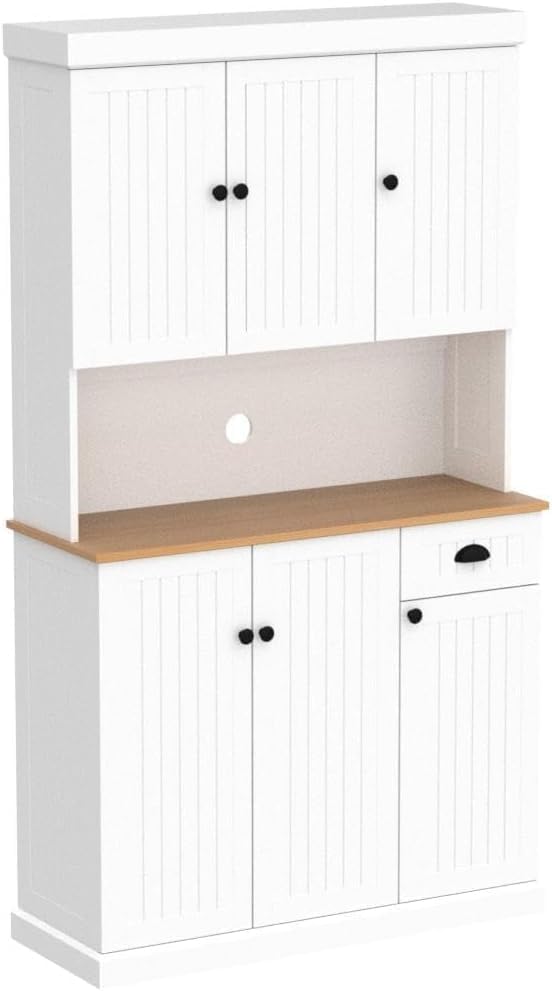 Freestanding Kitchen Pantry with Dawer & 3 Shelves, 2 Single Doors & 2 Double Doors, Modern Minimalist, Rectangular Storage Cabinet, for Living Room, Dining Room, White