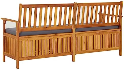 Black Acacia Wood Storage Bench Rectangular, 67 in Outdoor Storage Bench with Cushion, Black and Brown Patio Seating for Three