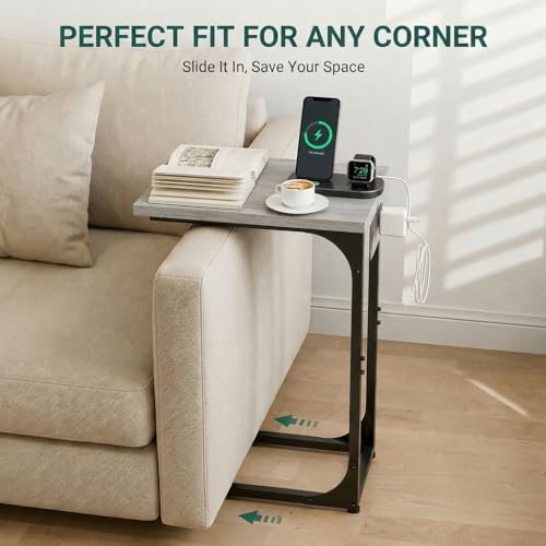 TEMI C Shaped End Table for Couch with Charging Station, Small Side Table TV Tray for Eating or Laptop, Accent Desk for Sofa or Chair, Space Saving Living Room Bedroom, Greige