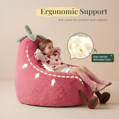 31" Kids Bean Bag Chair, Stuffed Toddler Couch with Faux Rabbit Fur Cover for Teens & Kids, Comfy Lazy Sofa Chair for Reader, Living Room, Bedroom, Aged 4-12 Years Rose Red