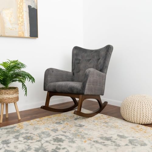 Upholstered Rocking Chair with Solid Wood Frame, Accent Glider for Nursery Living Room Bedroom, Comfy Armchair in Brown & Dark Grey, 36x26x36.5 Inch