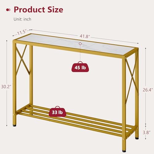 Tajsoon Entryway Table 41.8”, 2-Tier Entry Way Console Entrance Table, Narrow Sofa Table with Shelves, Ideal for Hallway, Entryway, Living Room, Foyer, Corridor, and Office (Gold & White)