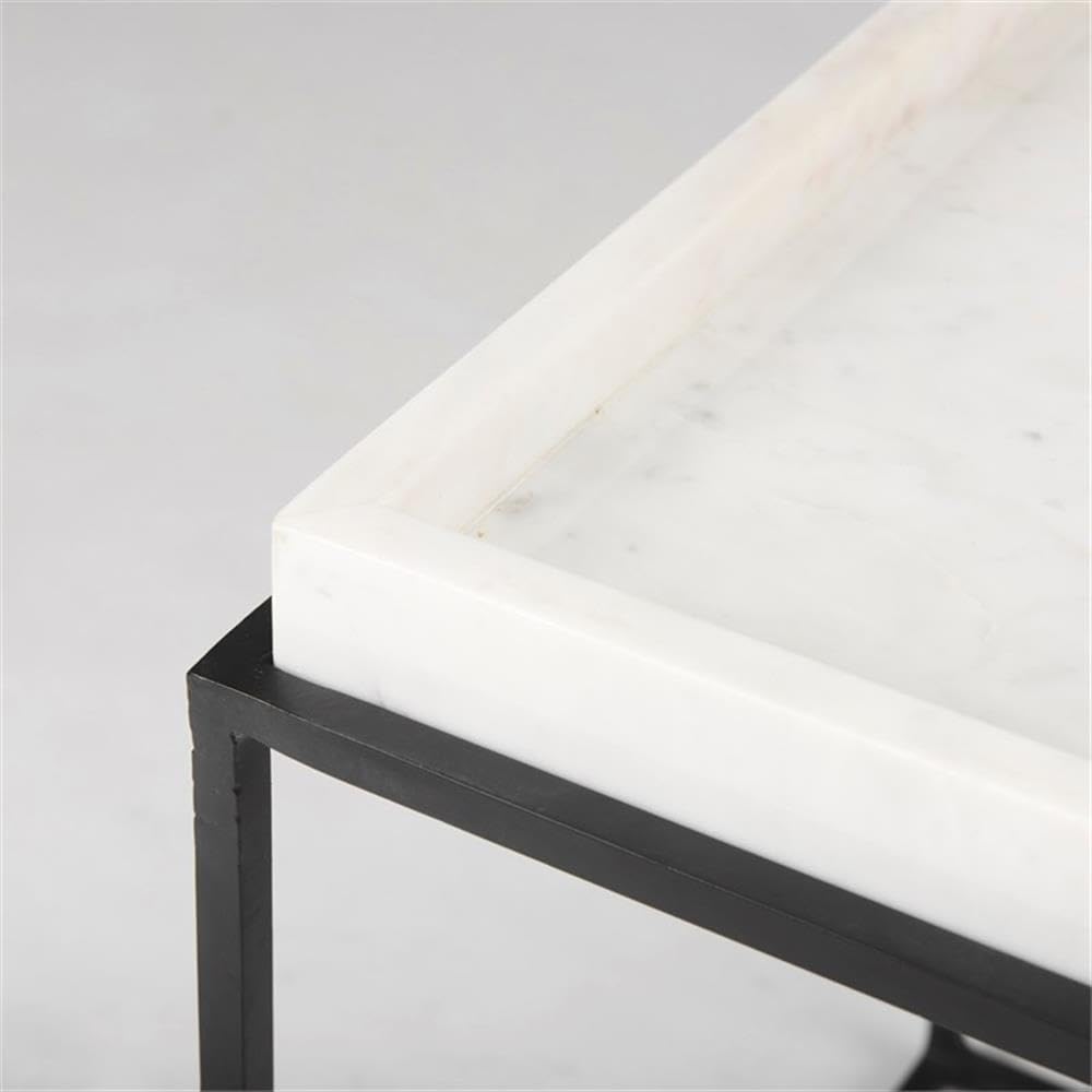 Pemberly Row Square White Marble and Black Metal End Table, 18 in x 18 in x 20 in, Raised Edges, Matte Black Base, Elegant Side Table for Living Room or Bedroom Decor