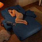 Boneless Chaise Lounge Chair Indoor, 60" Oversized Sleeper Couches W/Foldable Armrest Cloud Corduroy Upholstered Reading Chairs Floor Sofa Bed for Living Room No Assembly, Blue