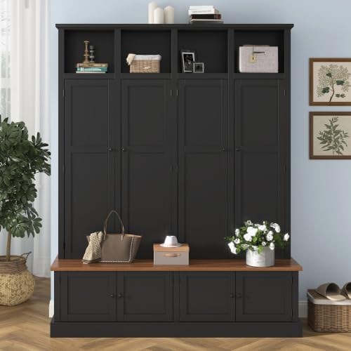 RuiSiSi 76.7" Hall Tree with Bench and Shoe Storage, Farmhouse 4-in-1 Entryway Bench Coat Rack with Doors, 4 Hooks and Top Shelves for Entrance, Hallway, Mudroom, Black