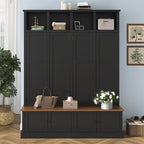RuiSiSi 76.7" Hall Tree with Bench and Shoe Storage, Farmhouse 4-in-1 Entryway Bench Coat Rack with Doors, 4 Hooks and Top Shelves for Entrance, Hallway, Mudroom, Black