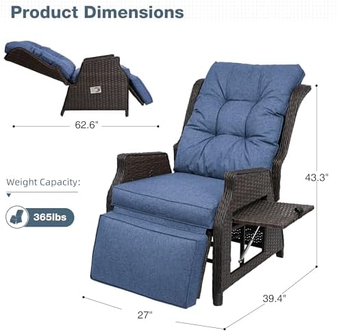 Outdoor Indoor Wicker Recliner with Adjustable Back and Footrest, Patio Reclining Chair with Flip-up Table, Outdoor Rattan Lounge Chair,Navy