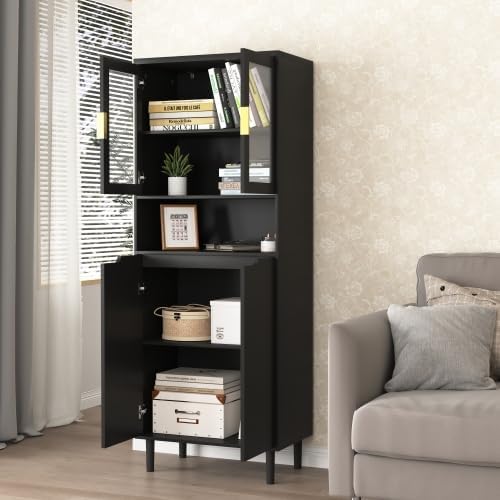 Kitchen Pantry Storage Cabinet, Glass Door Kitchen Hutch Cabinet with Storage Compartment, 71" High Buffet Sideboard Modern Cupboard for Snacks, Spices & Wine, Black