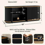 63" Modern Sideboard Buffet Cabinet, Console Table with 4 Doors & Storage, Faux Marble Top & Gold Trim, Multifunctional TV Stand for Living Room or Dining Room, Black