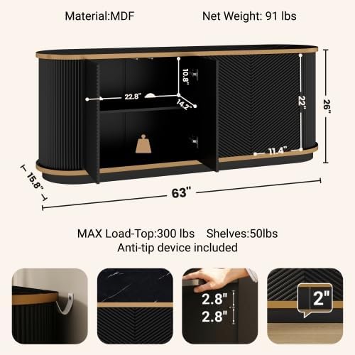 63" Modern Sideboard Buffet Cabinet, Console Table with 4 Doors & Storage, Faux Marble Top & Gold Trim, Multifunctional TV Stand for Living Room or Dining Room, Black
