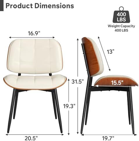 Dining Chairs Set of 2, Mid Century Modern Dining Room Chair with Thick Cushion, Upholstered Faux Leather Kitchen Chairs with Walnut Bentwood Back for Kitchen Dining Room, Beige