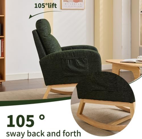 Upholstered Nursery Glider Rocking Chair, Modern Accent Armchair with High Backrest & Side Pocket, Comfy Rocker for Living Room Bedroom, Dark Green, Solid Wood Legs