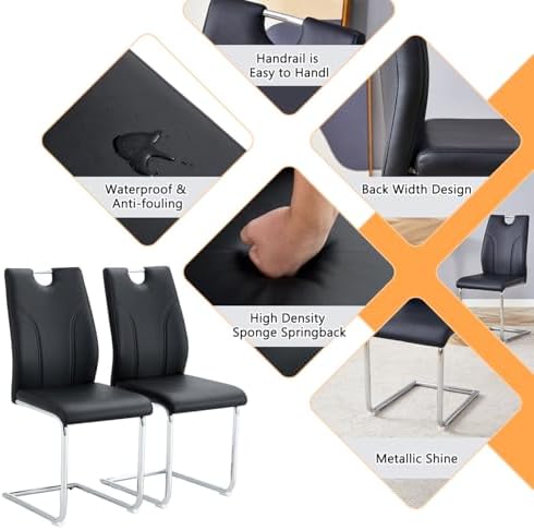 FURNITO Modern Dining Chairs Set of 6, Black Dining Chairs with Thick Cushions, Faux Leather Kitchen & Dining Room Chairs with Backrest and Sliver Metal Legs for Dining Living Room, Easy to Assemble