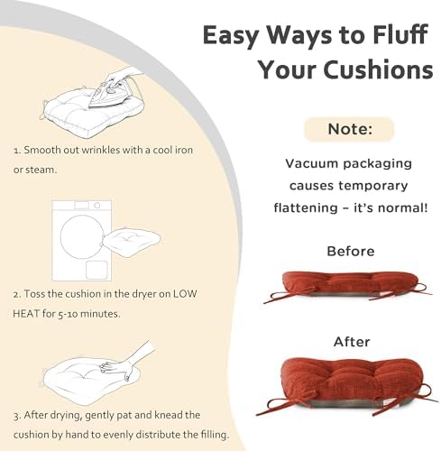 ELFJOY Chair Cushions for Dining Chairs 18" x 18" x 3" Kitchen Chair Cushions Set of 4 Tufted Chair Pads with Ties and Non-Slip Backing Comfortable Seat Cushion for Indoor Dining Room (Rust)