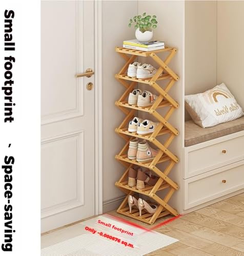 The 9-Tier No-Assembly Bamboo Rack, Bamboo Shoe Storage Rack Shoe Storage Bag, Foldable Accordion Corner Shoe Shelf for Shoes, Books, Plants, Save Space, Easy to Use (Yellow, 9)