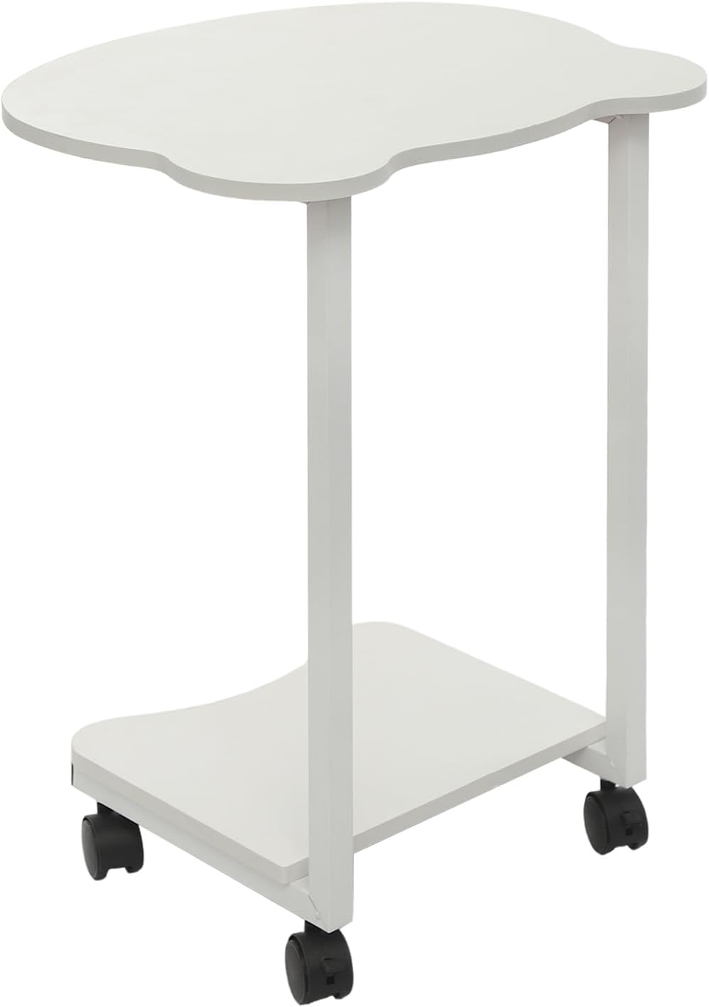 Mobile Side Table with Wheels, 2-Tier Lockable Rolling End Table for Sofa & Bedside, Modern Panda Shape C Table with Storage Shelf, for Living Room, Bedroom (White)