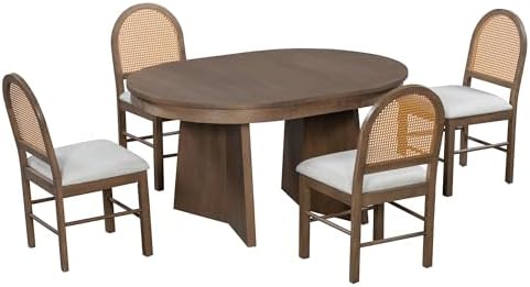 Harper & Bright Designs 5-Piece Extendable Round Dining Table Set for 4, Modern Kitchen Table Set with 4 Upholstered Chairs, Kitchen Table and Chairs Set for Kitchen Dining Room Home, Walnut+Beige