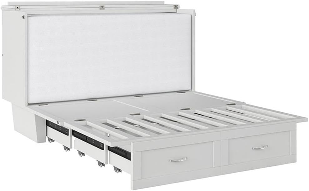 Atlin Designs Modern Queen Murphy Bed Chest, Solid Wood Construction, White Finish with Storage Drawer, Memory Foam Mattress, USB Charging Ports, Space-Saving Bedroom Furniture